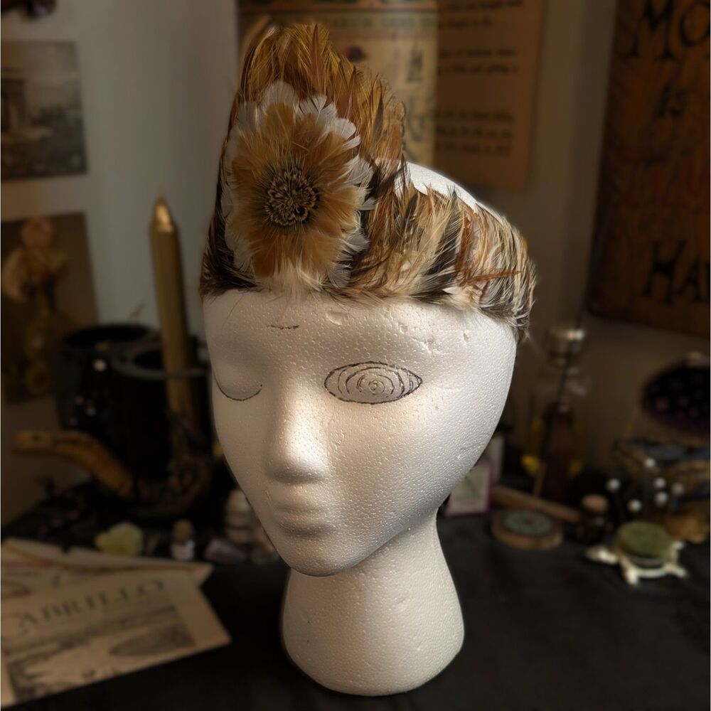 Vintage Bird Feather Crown Headpiece Brown Floral